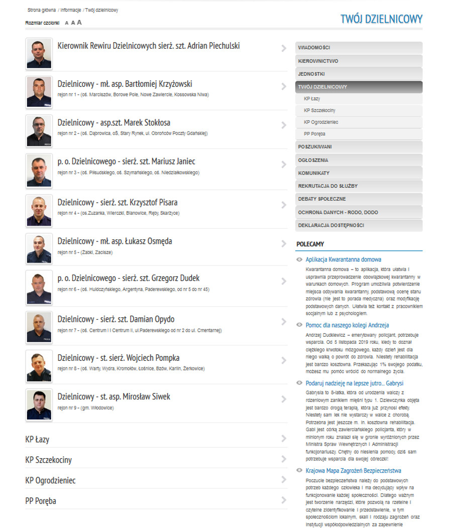 Zdjęcie przedstawia stronę internetową Komendy Powiatowej Policji w Zawierciu, na któej przedstawieni są dzielnicowi. Adres strony: https://zawiercie.policja.gov.pl/k30/informacje/twoj-dzielnicowy