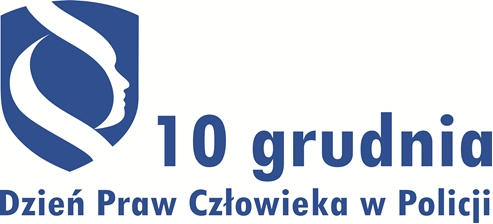 Logo w kolorze niebieskim, symbolizującym barwy policyjne. Częścią logo jest wzór tarczy, co oznacza ochronę praw człowieka. W tarczę wkomponowany jest paragraf z rysem twarzy człowieka. Oznacza to ochronę praw człowieka przed naruszeniami prawa, w tym etyki zawodowej. Napis: 10 grudnia Dzień Praw Człowieka w Policji