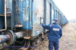 Policjant sprawdza ładunek wagonów kolejowych