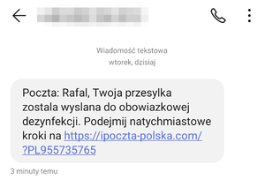 Poczta: Rafał Twoja przesyłka została wysłana do obowiązkowej dezynfekcji. Podejmij natychmiastowe kroki na (link).