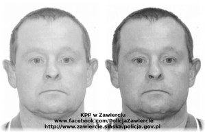 Na zdjęciu widoczny wizerunek poszukiwanego mężczyzny oraz napisy: KPP w Zawierciu, www.facebook.com/PolicjaZawiercie, http://www.zawiercie.slaska.policja.gov.pl