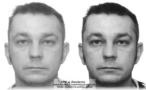 Na zdjęciu widoczny wizerunek poszukiwanego mężczyzny - Marcina Nowakowskiego. Na dole zdjęcia widoczne napisy: KPP w Zawierciu, www.facebook.com/PolicjaZawiercie, https://zawiercie.policja.gov.pl
