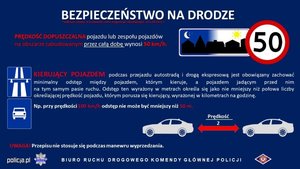 BEZPIECZEŃSTWO NA DRODZE PRĘDKOŚĆ DOPUSZCZALNA pojazdu lub zespołu pojazdów na obszarze zabudowanym przez całą dobę wynosi 50 km/hKIERUJĄCY POJAZDEM podczas przejazdu autostradą i drogą ekspresową jest obowiązany zachować  minimalny odstęp między pojazdem, którym kieruje, a pojazdem jadącym przed nim  na tym samym pasie ruchu. Odstęp ten wyrażony w metrach określa się jako nie mniejszy niż połowa liczby określającej prędkość pojazdu, którym porusza się kierujący, wyrażonej w kilometrach na godzinę. Np. przy prędkości 100 km/h odstęp nie może być mniejszy niż 50 m. UWAGA! Przepisu nie stosuje się podczas manewru wyprzedzania. BIURO RUCHU DROGOWEGO KOMENDY GŁÓWNEJ POLICJI