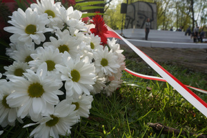 Na zdjęciu widoczne kwiaty z biało-czerwoną wstążką. W tle Pomnik Nieznanego Żołnierza