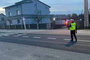 Na kolorowym zdjęciu widoczny umundurowany policjant z latarką, nakazujący zjazd na pobocze.