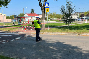 Umundurowany policjant idący w poprzek jezdni daje znak ręką.