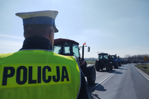 Na zdjęciu widoczny umundurowany policjant oraz ciągniki rolnicze ustawione jeden za drugim na jezdni.