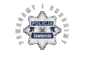 Grafika przedstawiająca policyjną gwiazdę oraz napis: Pomagamy i chronimy. Zawiercie.