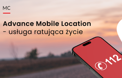 Advance Mobile Location – usługa ratująca życie, logo Ministerstwa Cyfryzacji, ekran smartfona z numerem 112.