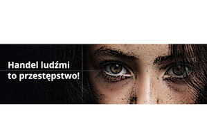 Grafika przedstawiająca oczy kobiety oraz napis: Handel ludźmi to przestępstwo.