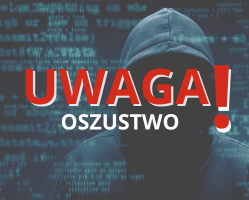 Na zdjęciu przedstawiającym osobę w kapturze, widoczny napis : Uwaga! Oszustwo