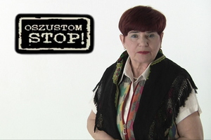 Na zdjęciu widoczna seniorka oraz napis: Oszustom stop!