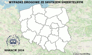 Mapa wypadków drogowych ze skutkiem śmiertelnym w okresie wakacji. Link przenosi do serwisu zewnętrznego mapowego. Podstawowe dane prezentowane na mapie w tekście poniżej.