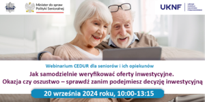 Plakat przedstawiający parę seniorów przed komputerem.