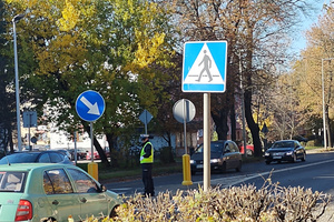 Na zdjęciu widoczny policjant, który kieruje ruchem.