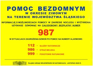 Plakat z informacjami dotyczącymi pomocy bezdomnym.