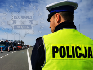 Na zdjęciu widoczny policjant. W tle tiry na jezdni.