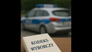 Na zdjęciu widoczny kodeks wyborczy, a w tle radiowóz.