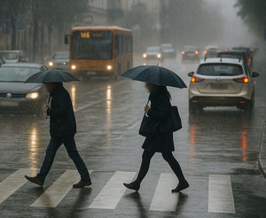 Na zdjęciu widoczny przechodzący przez przejście dla pieszych mężczyzna i kobieta, którzy idą pod parasolami. Widoczne także samochody na ulicy.