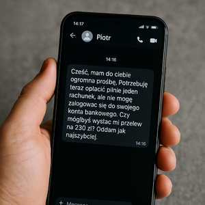 Na zdjęciu widoczny trzymany w ręku telefon komórkowy z wyświetloną wiadomością.