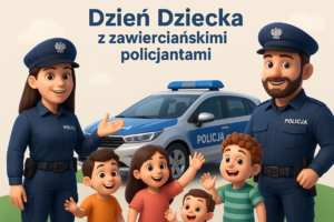 Grafika przedstawiająca policjantkę, policjanta oraz dzieci. W tle radiowóz.