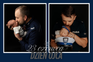 Na zdjęciu widoczni dwaj policjanci, którzy trzymają na rękach swoje maleńkie dzieci.