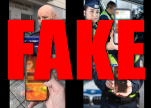 Widoczni policjanci oraz napis: FAKE.