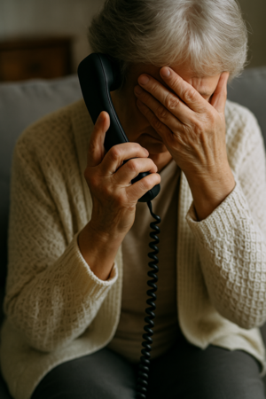 Na zdjęciu widoczna seniorka, która jedną ręką zasłania twarz, a w drugą trzyma przy uchu słuchawkę telefonu.