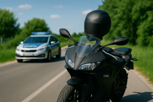 Na zdjęciu widoczny motocykl oraz radiowóz. Zdjęcie: AI.
