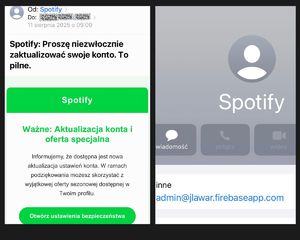 Zrzut ekranu przedstawiający fałszywą wiadomość od oszustów podszywających się pod Spotify.