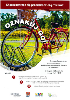 Plakat akcji znakowania rowerów - informacje zawarte w tekście komunikatu.