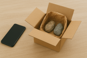 Na zdjęciu widoczny telefon komórkowy obok którego stoi tekturowe pudełko, a wewnątrz niego papierowa torba z dwoma kamykami w środku. Zdjęcie: AI.