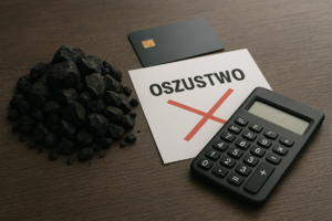 Na zdjęciu widoczny węgiel, kalkulator, karta płatnicza oraz kartka z napisem: oszustwo. Zdjęcie AI.