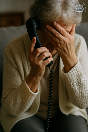 Na zdjęciu widoczna starsza kobieta, która rozmawia przez telefon. W jednej dłoni trzyma słuchawkę, drugą ręką zasłania twarz. Zdjęcie AI.