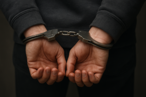 Na zdjęciu widoczne męskie ręce trzymane z tyłu, na które założone są kajdanki. Zdjęcie: AI.