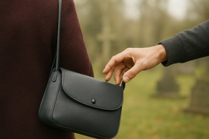 Na zdjęciu widoczna torebka, do której sięga ręką inna osoba. Zdjęcie: AI.