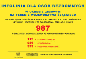 Plakat z informacjami na temat pomocy osobom w kryzysie bezdomności. Szczegóły zawarte w tekście.