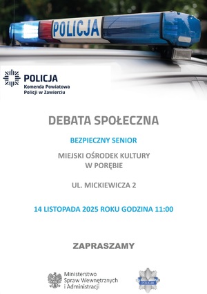 Plakat debaty w Porębie. Szczegóły dostępne w tekście komunikatu.