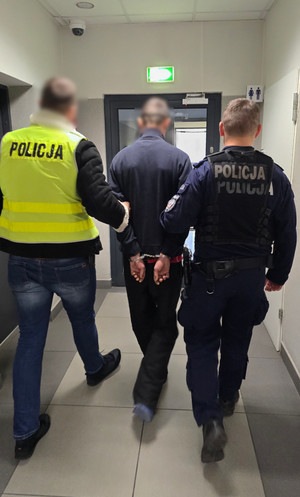 Na zdjęciu widoczny nieumundurowany policjant i umundurowany policjant, którzy prowadzą zatrzymanego mężczyznę. Mężczyzna ma założone kajdanki na ręce trzymane z tyłu.