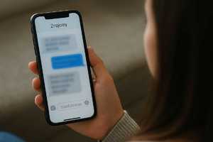 Na zdjęciu widoczna kobieta trzymająca w ręku komórkę, na której wyświetlone są dymki wiadomości na komunikatorze. Zdjęcie: AI.