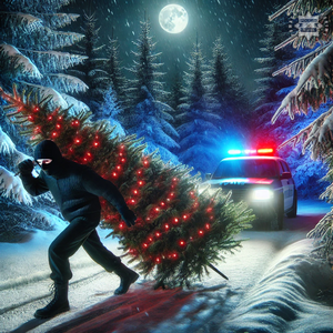 Grafika przedstawiająca zamaskowanego mężczyznę, który ciągnie choinkę. Za nim radiowóz.