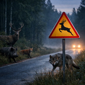 Na zdjęciu widoczne zwierzęta leśne przy drodze oraz znak ostrzegawczy A-18b "zwierzęta dzikie". W oddali widoczne światła jadącego samochodu. Zdjęcie: AI.