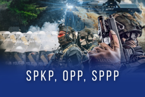 Grafika przedstawia policjyjnych kontrterrorystów na tle oddziału prewencji, na dole napis: spkp, opp, sppp.