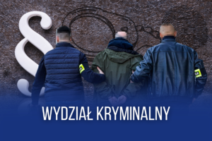 Grafika przedstawia nieumundurowanych policjantów z zatrzymanym mężczyzną na tle koloru brązowego z widocznym znakiem paragrafu, kajdankami i odciskami palców.