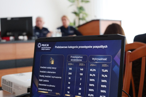 Na zdjęciu widoczny wyświetlony na ekranie laptopa slajd prezentacji: Podstawowe kategorie przestępstw pospolitych.