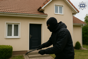 Na zdjęciu widoczny zamaskowany mężczyzna z łomem, który znajduje się przed domem.