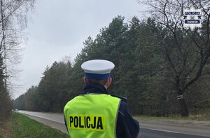 Widoczny policjant obserwujący nadjeżdżające pojazdy.