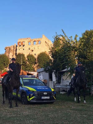 Policjanci na koniach, a pomiędzy nimi radiowóz. W tle widoczny zamek Ogrodzieniec w Podzamczu.