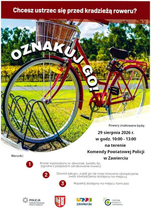 Plakat dotyczący akcji znakowania rowerów. Szczegóły w treści komunikatu.