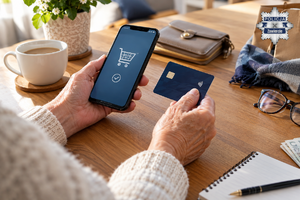 Zdjęcie wygenerowanie przez sztuczną inteligencję. Przedstawia częściowo widoczną seniorkę, która w jednej ręce trzyma telefon komórkowy z wyświetloną grafiką wózka na zakupy, a w drugiej ręce kartę płatniczą.